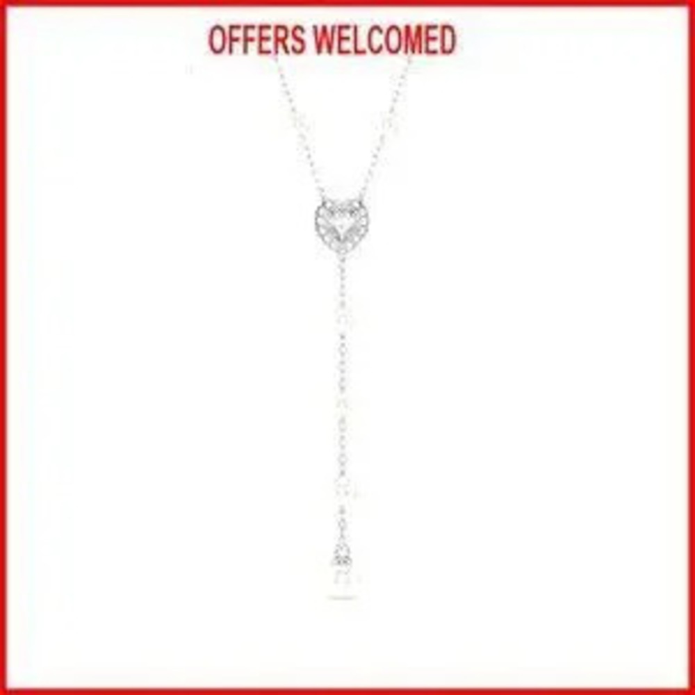 Rhodium Finish Crystal Pearl Y-Necklace with Pav Heart Motif
